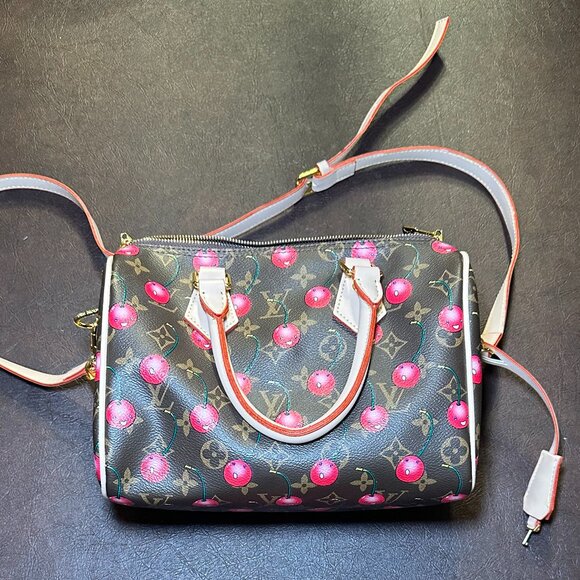 Designer inspired Satchel and Wallet in Monogram Cherry Print Brown, Red, Pink - Picture 2 of 16